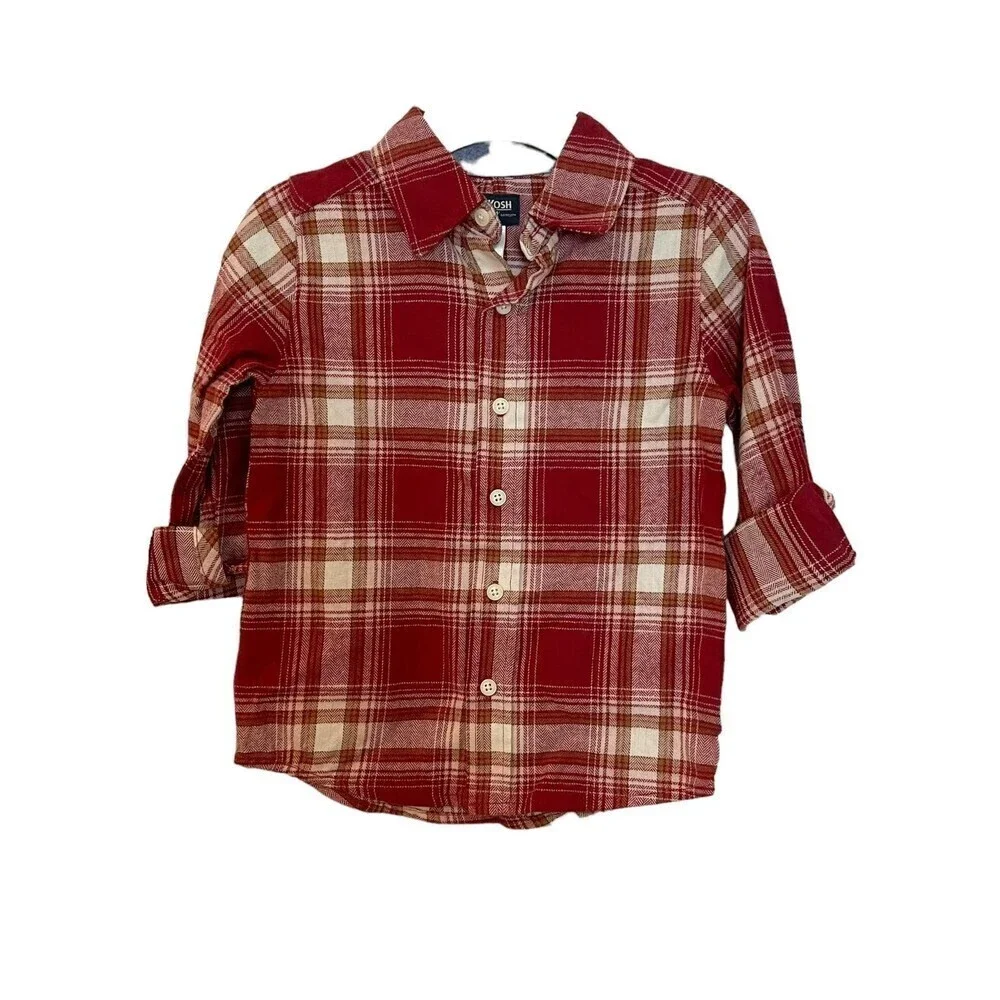 New OSHKOSH B'GOSH Kid's Cozy Flannel Button-Front Checked Shirt in Red size 5.